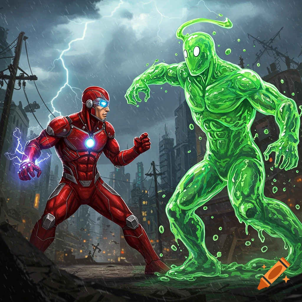 A red armored superhero with electric powers battles a green goo monster in a rainy, lightning-filled ruined city, comic book style.