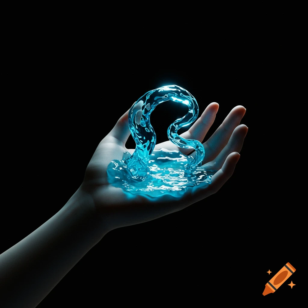 A hand holds a swirling mass of glowing blue water against a dark background, with the water illuminating the hand.