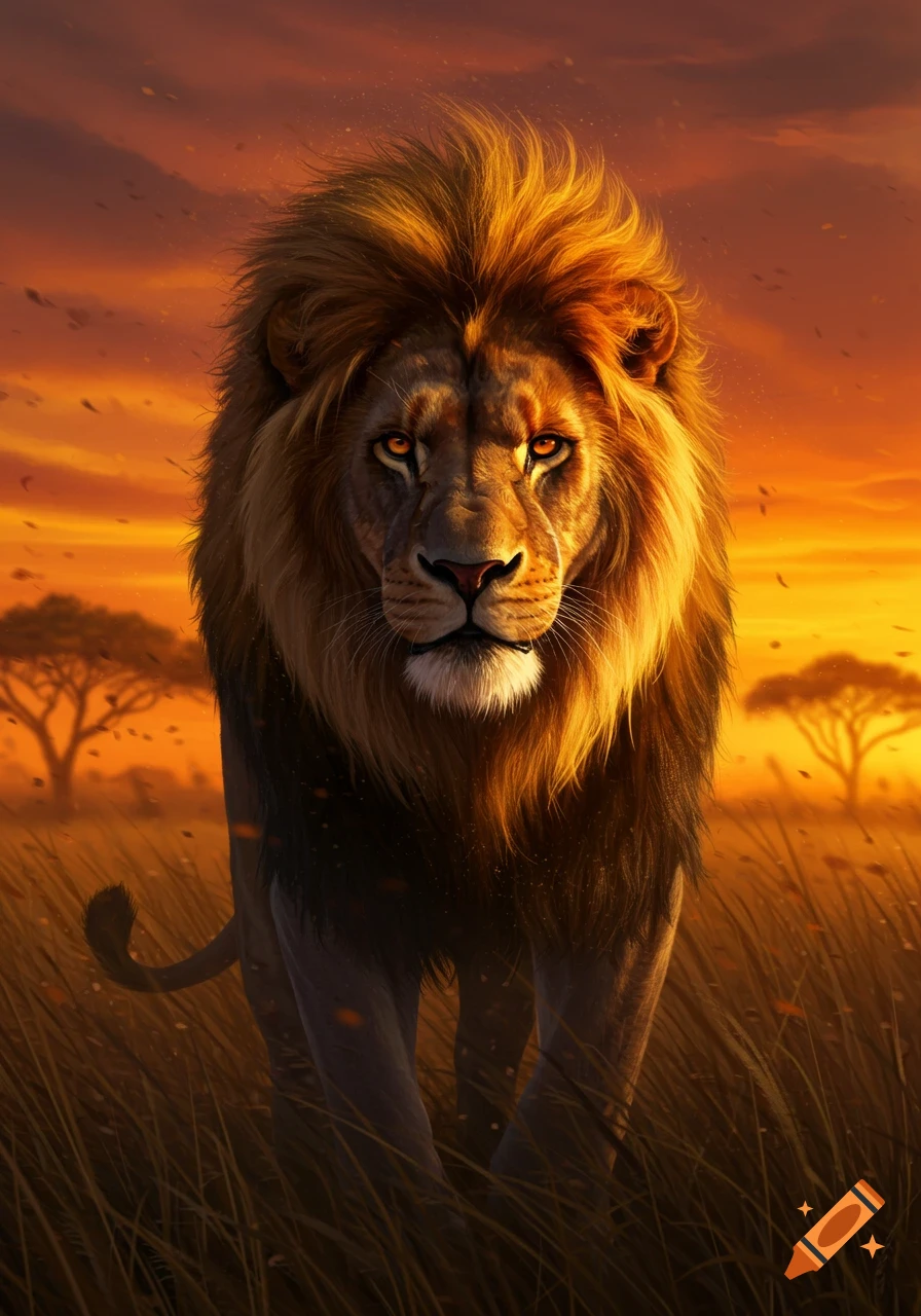 A majestic lion with a fiery mane stands in a savanna at sunset, with acacia trees in the background, digital art.