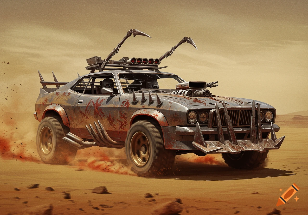 A rusty, spiked, custom post-apocalyptic car with a skull-helmeted driver drives through a dusty desert.