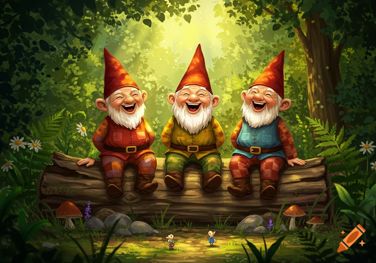 Three cheerful gnomes with red pointy hats and white beards sit on a fallen log in a bright, green forest, laughing.