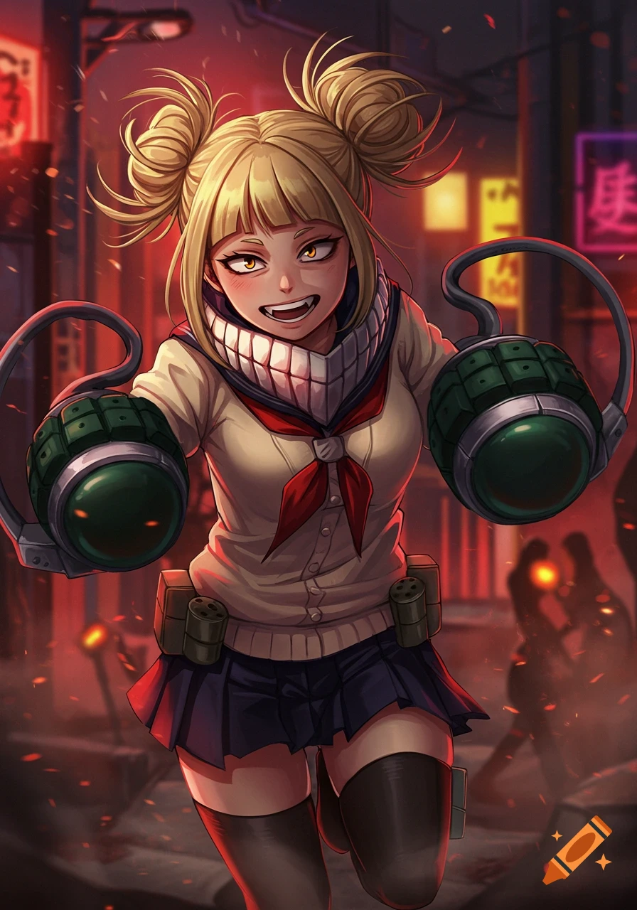 A blonde anime girl with twin buns and a toothy scarf smiles menacingly, wearing a school uniform, holding grenade-like devices in a dark city.