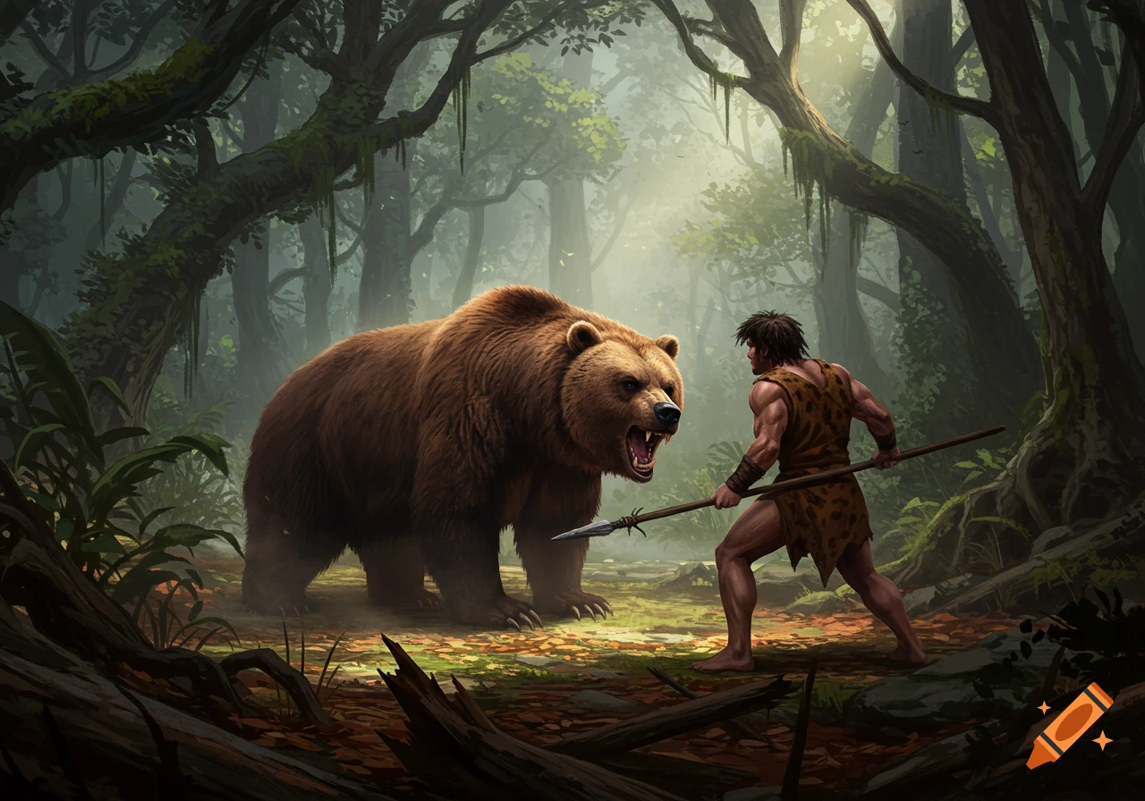 A muscular caveman with a spear confronts a roaring brown bear in a misty, dense forest.