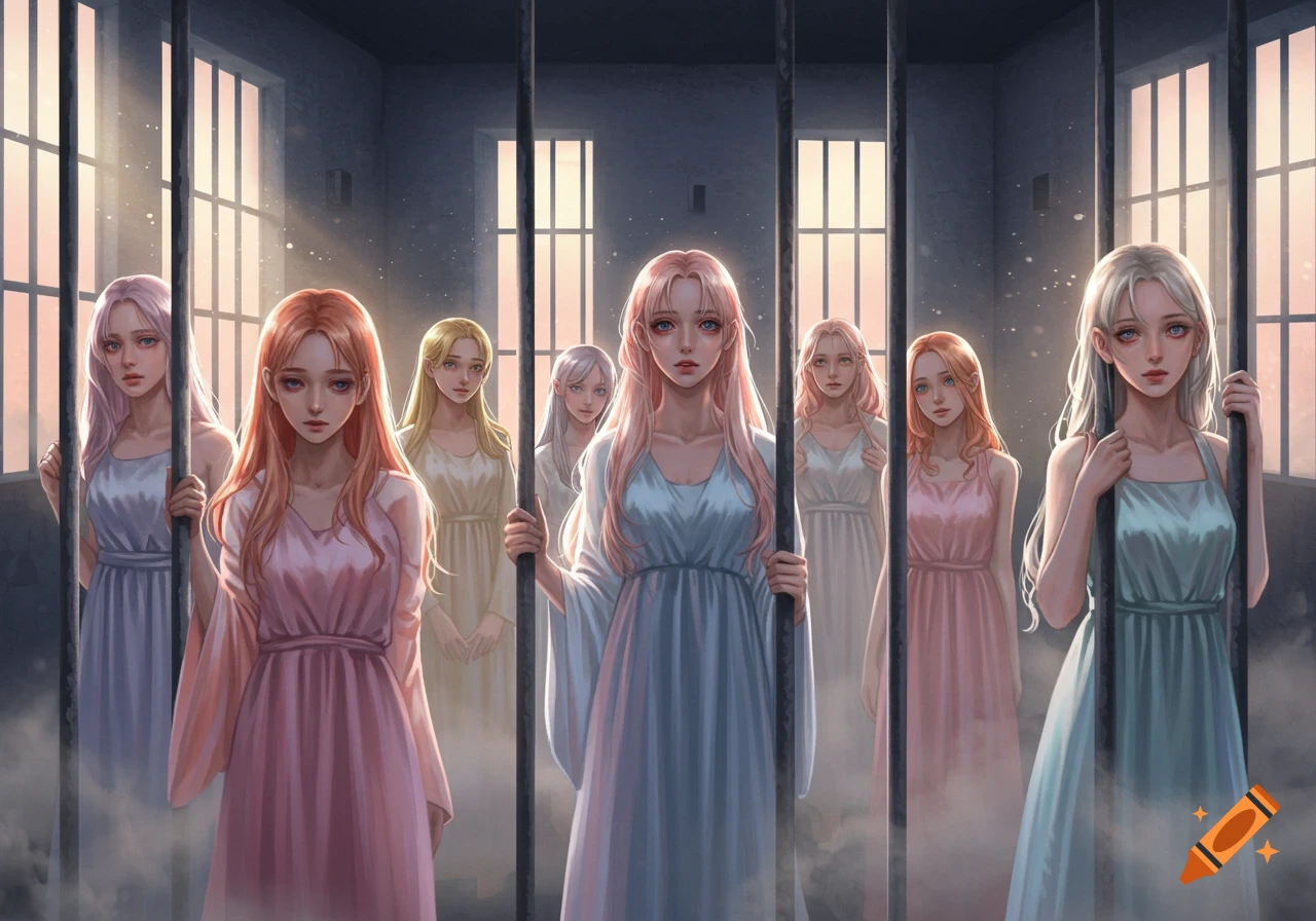 Anime-style illustration of several women with various hair colors standing behind prison bars, looking out with melancholic expressions.