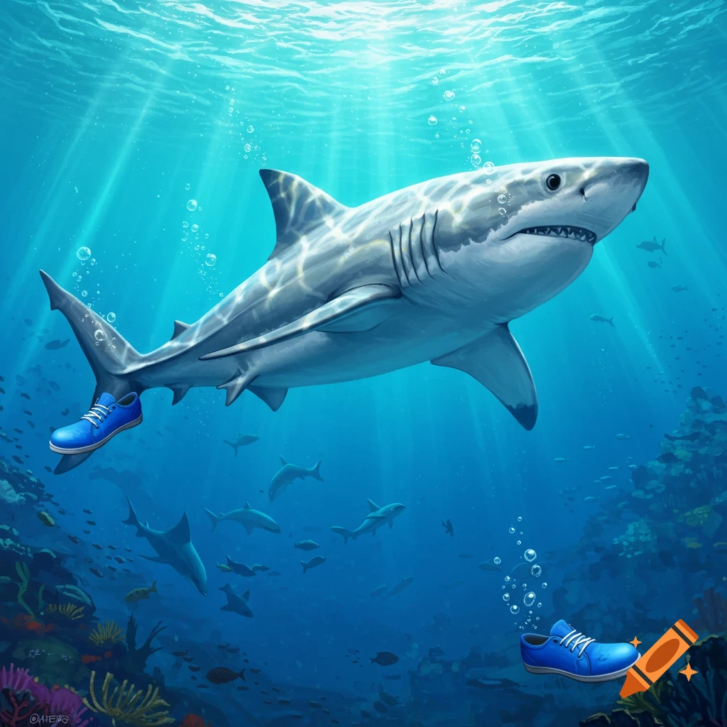 A large great white shark swims underwater, with one blue shoe on its tail and another floating below. Detailed ocean reef illustration.