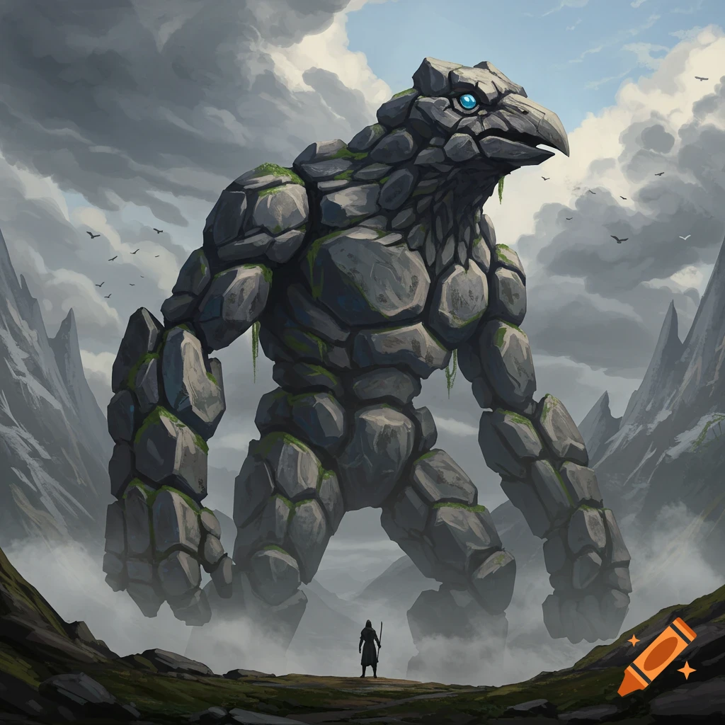 A colossal rock monster with a raven-like head and glowing blue eyes towers over a small human figure in a misty, mountainous landscape.