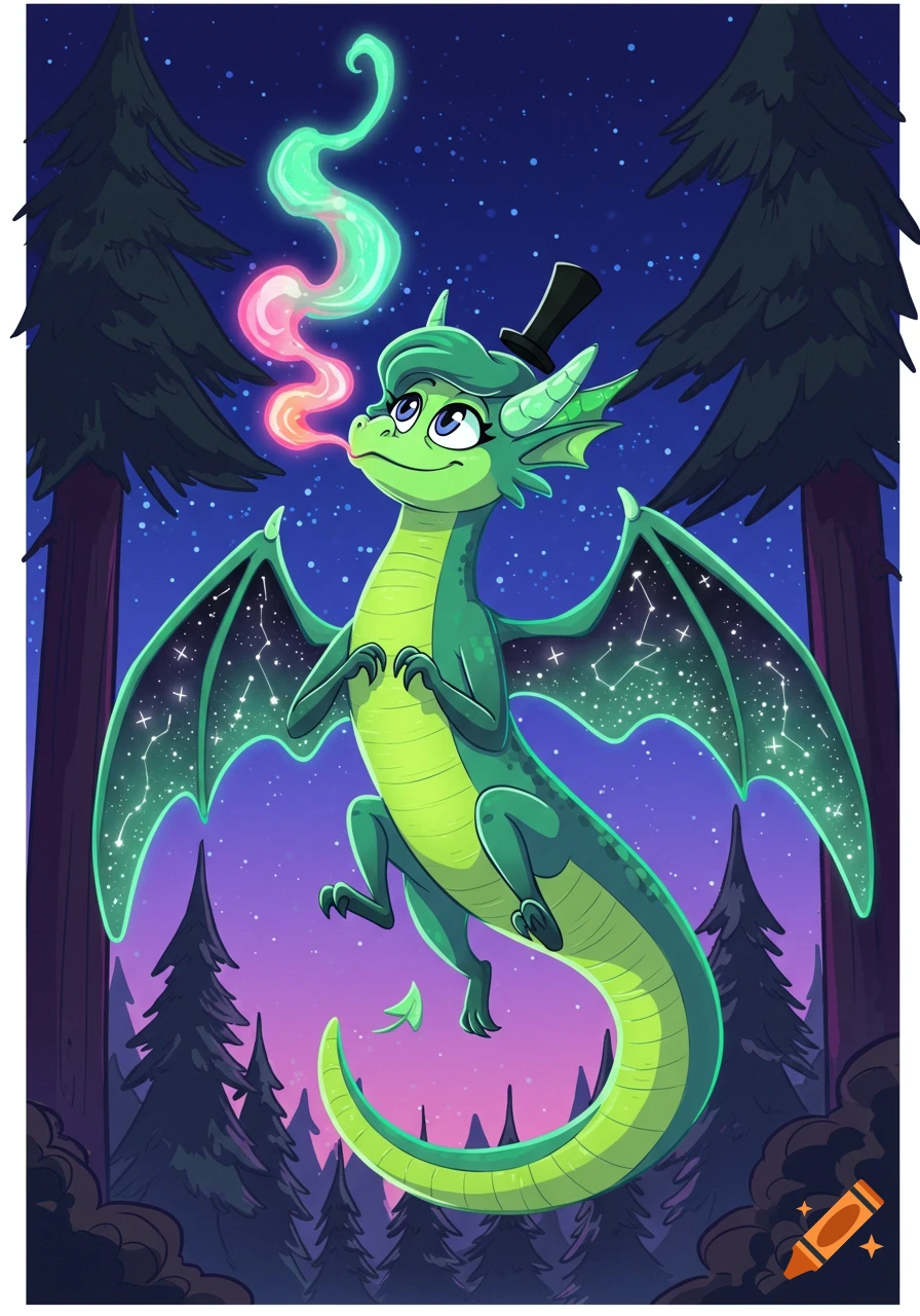 A happy green cartoon dragon with starry wings and a top hat floats in a dark forest at night, breathing pink and green magical smoke.