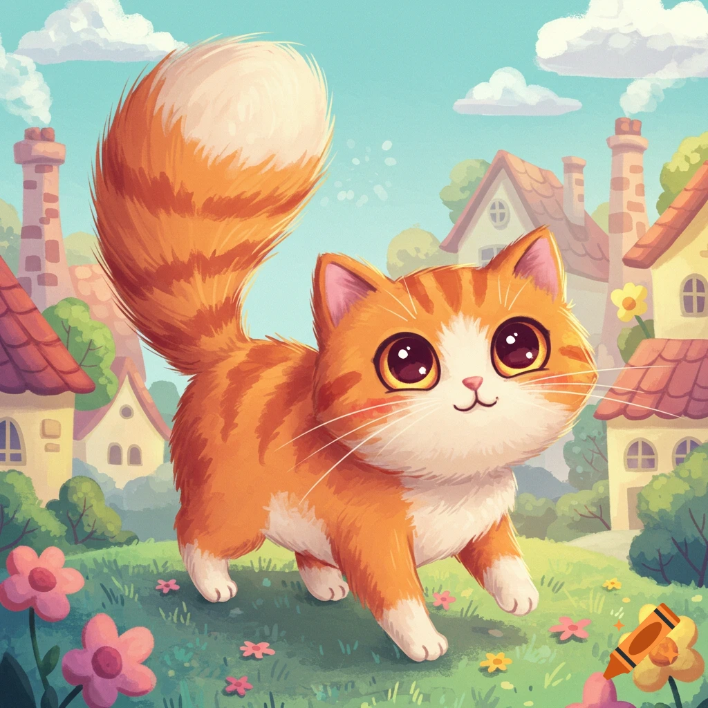 A cute orange and white striped cartoon cat with big eyes walks through a grassy field with colorful flowers and houses in the background.