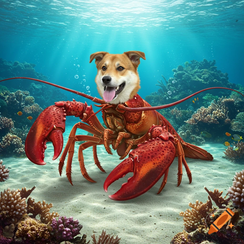 A dog's head on a lobster's body standing on a sandy ocean floor surrounded by coral and small fish.