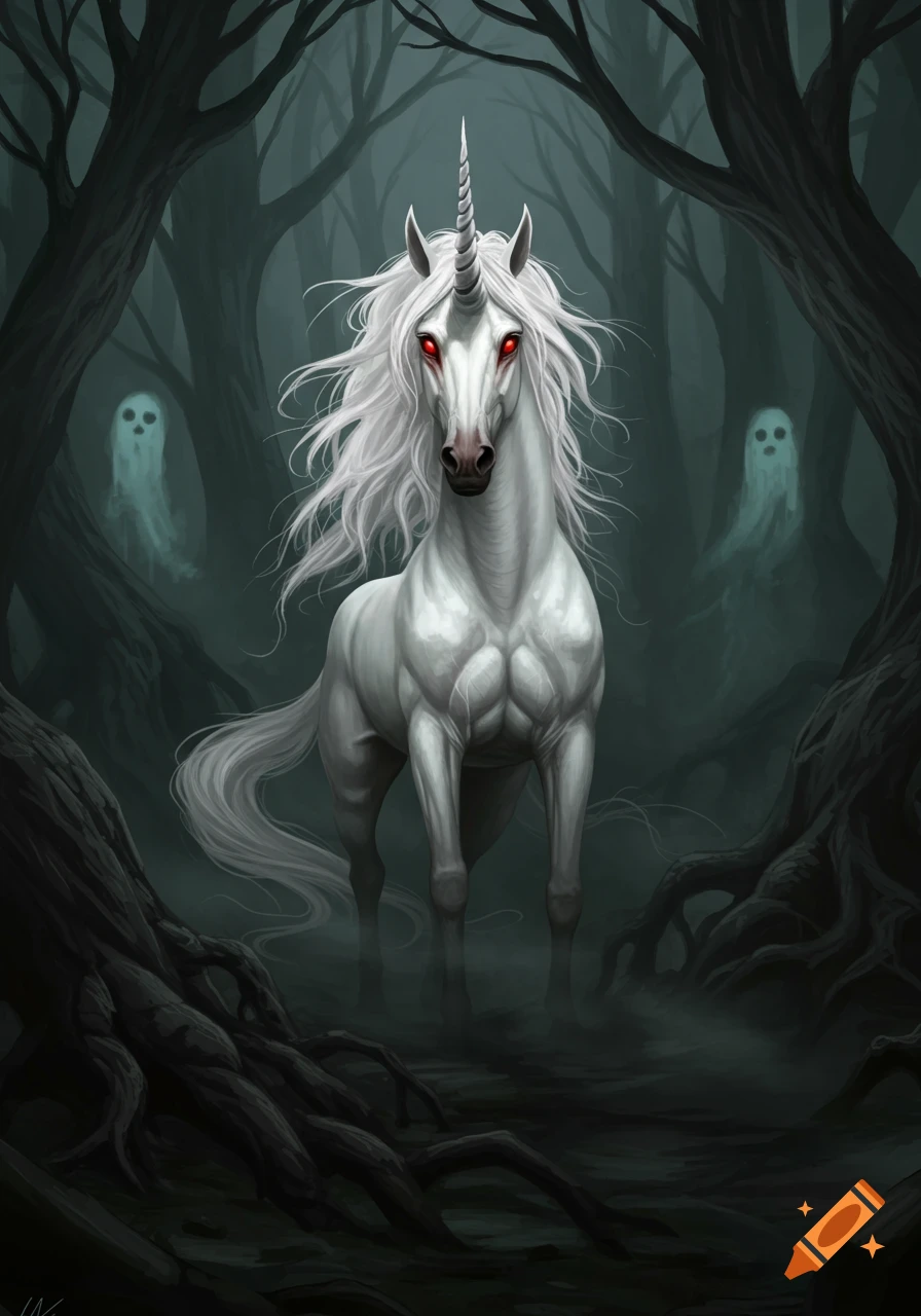 A white unicorn with glowing red eyes stands in a dark, misty forest, flanked by two ghostly figures. Dark fantasy digital art.