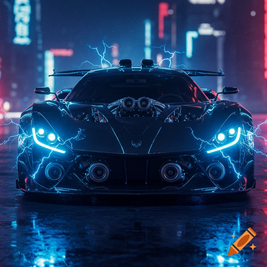 A sleek, dark futuristic sports car with bright blue headlights and electric bolts, parked in a neon-lit city at night.