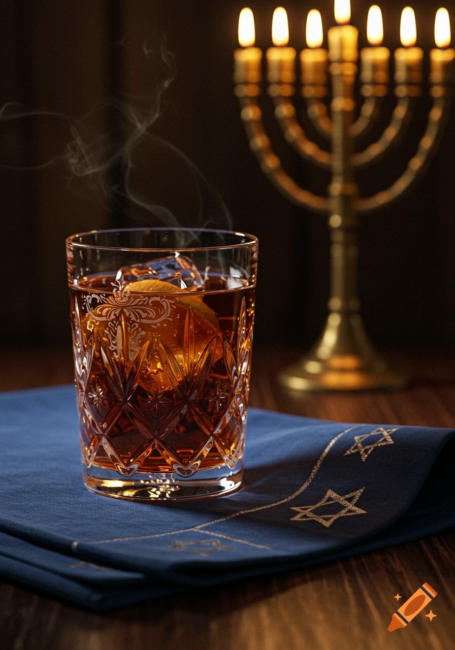 A photorealistic drink in a patterned glass with ice on a blue napkin with Stars of David, with a blurred menorah.