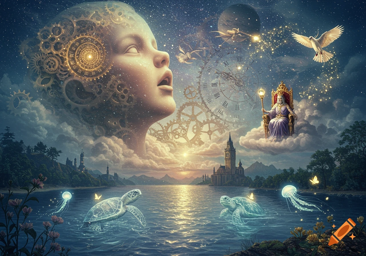 A surreal cosmic landscape with a giant child's head of glowing gears, a king on a cloud throne, turtles, jellyfish, a clock tower, and a bird soaring over a mystical ocean at sunset.
