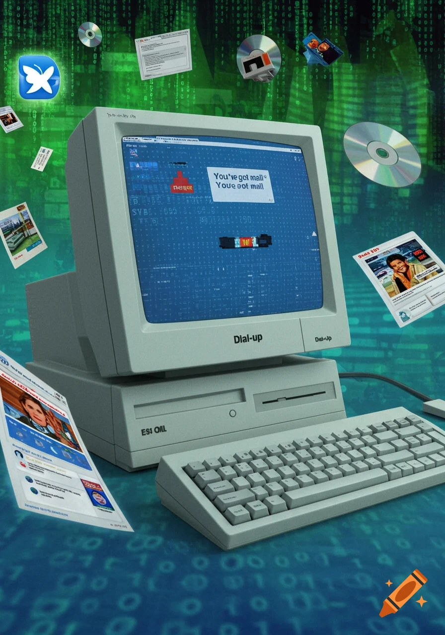 A vintage computer with a monitor displaying 'You've got mail' and 'Dial-up', surrounded by floating CDs and documents against a green digital background.