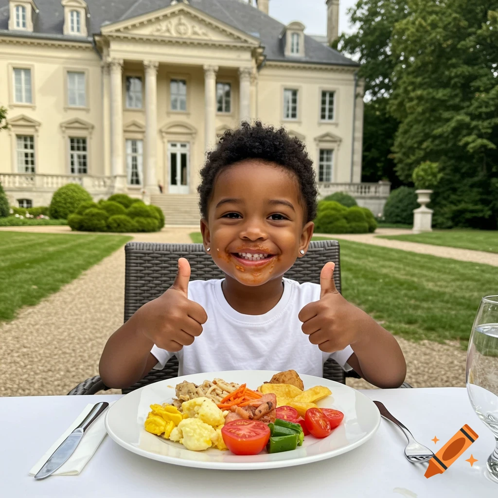 Smiling boy with sauce on his face gives thumbs up at an outdoor dining table in front of a grand mansion.