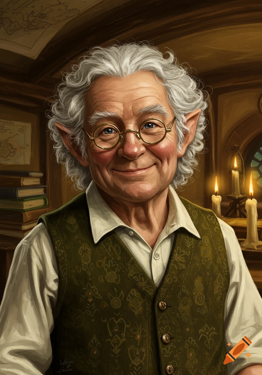 A smiling old man with white curly hair, glasses, and pointed ears, wearing a green vest over a white shirt, in a warm room with maps and candles.