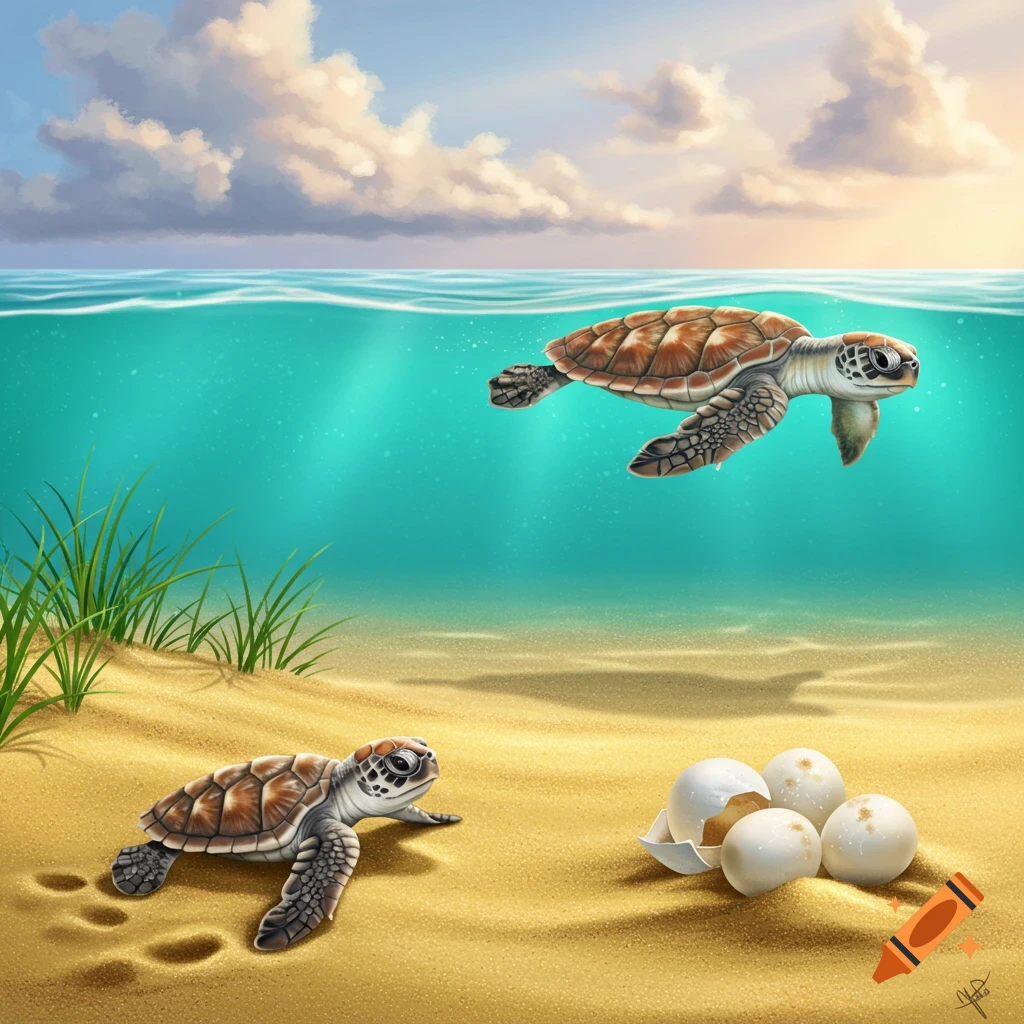 An illustration of a baby sea turtle on a sandy beach next to cracked eggs, with an adult sea turtle swimming in the clear blue water above.