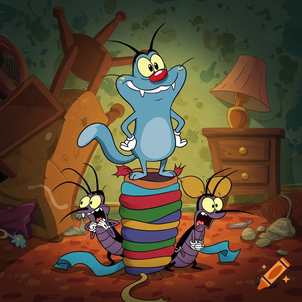 A cartoon blue cat, Oggy, with an evil smile, stands on a colorful stack of tied-up fabric, while three cockroaches are tied at the base in a messy room.