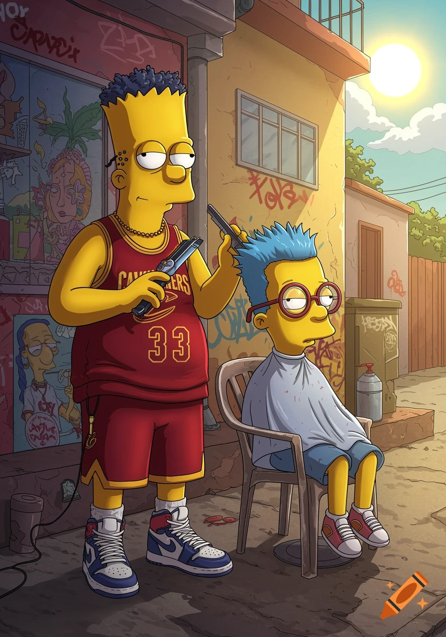 Stylized Bart Simpson in a Cavaliers jersey cuts Milhouse's hair outdoors in an urban setting with graffiti.
