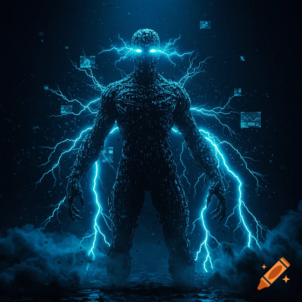 A powerful, glowing blue figure made of binary code, surrounded by electricity and digital data fragments, against a dark background.