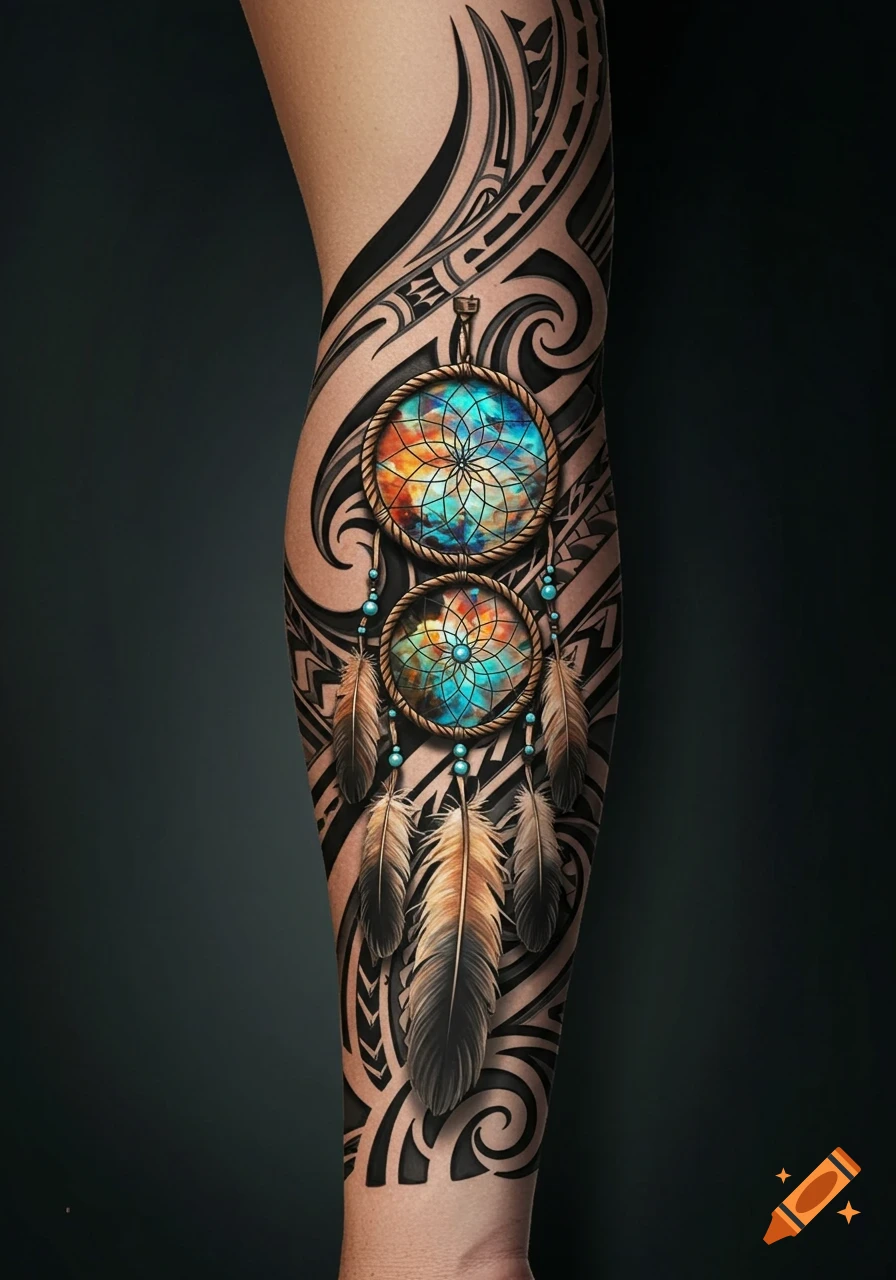 A detailed forearm sleeve tattoo featuring intricate black Samoan patterns and two colorful dream catchers with feathers.