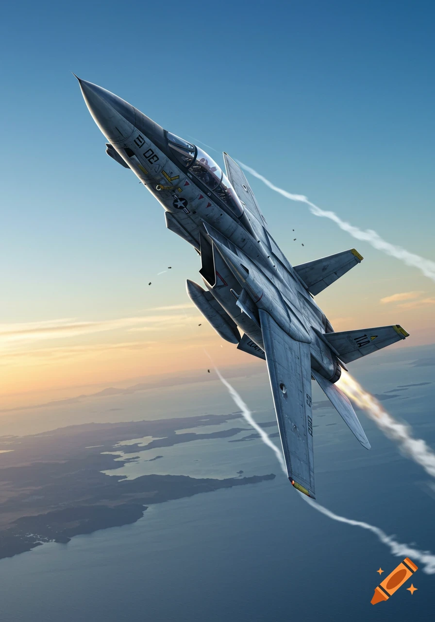 A photorealistic F-14 fighter jet banks left over a coastal landscape at sunset, showing battle damage and exhaust trails.