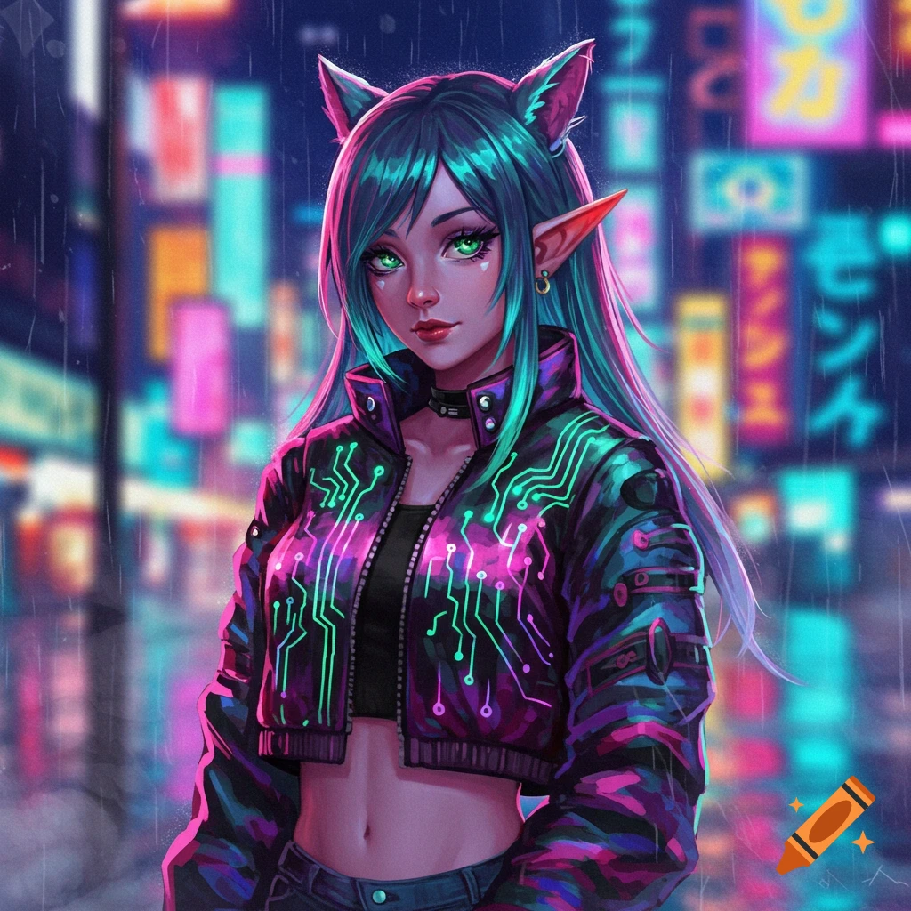 A cyberpunk elf girl with green eyes and teal hair, wearing a circuit board crop jacket in a neon-lit city at night.