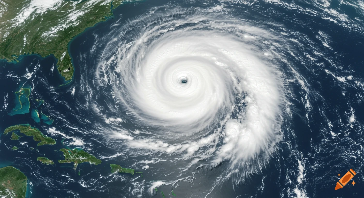 A powerful hurricane with a distinct eye, seen from a satellite view over the ocean with landmasses.