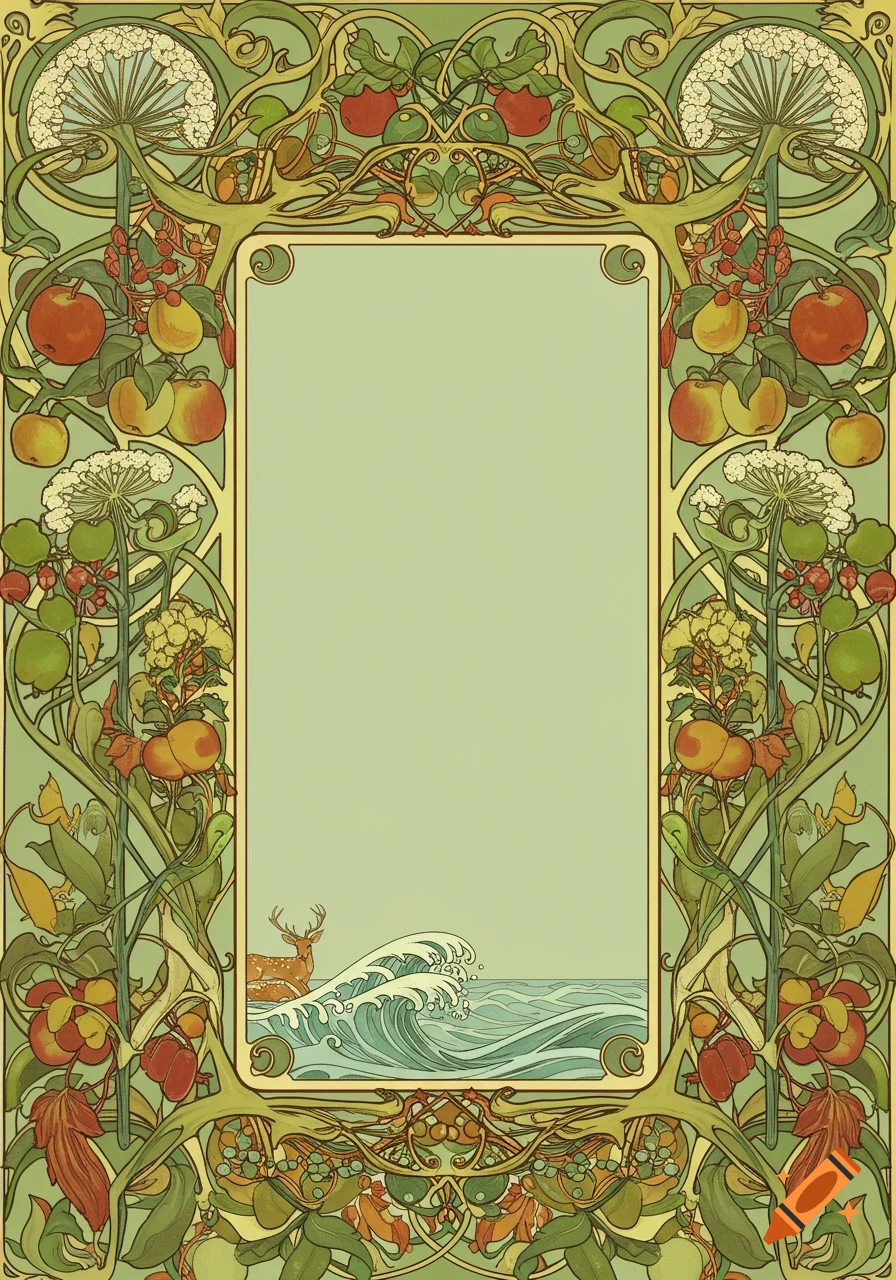 Art Nouveau frame featuring botanical illustrations, apples, deer, and ocean waves around an empty central rectangle.