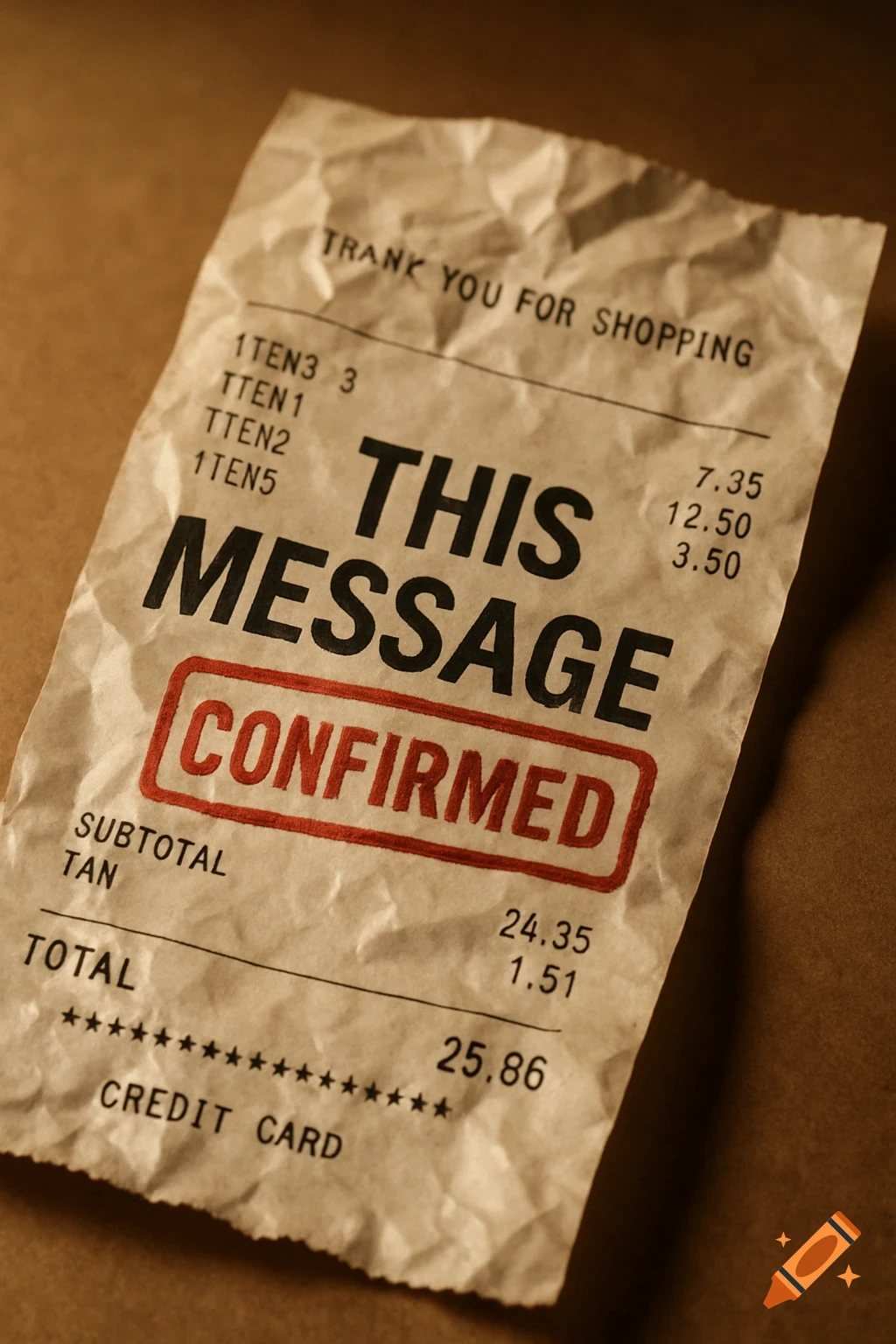 A crumpled shopping receipt with items and prices, bold text reading "THIS MESSAGE", and a red stamp saying "CONFIRMED" below it.