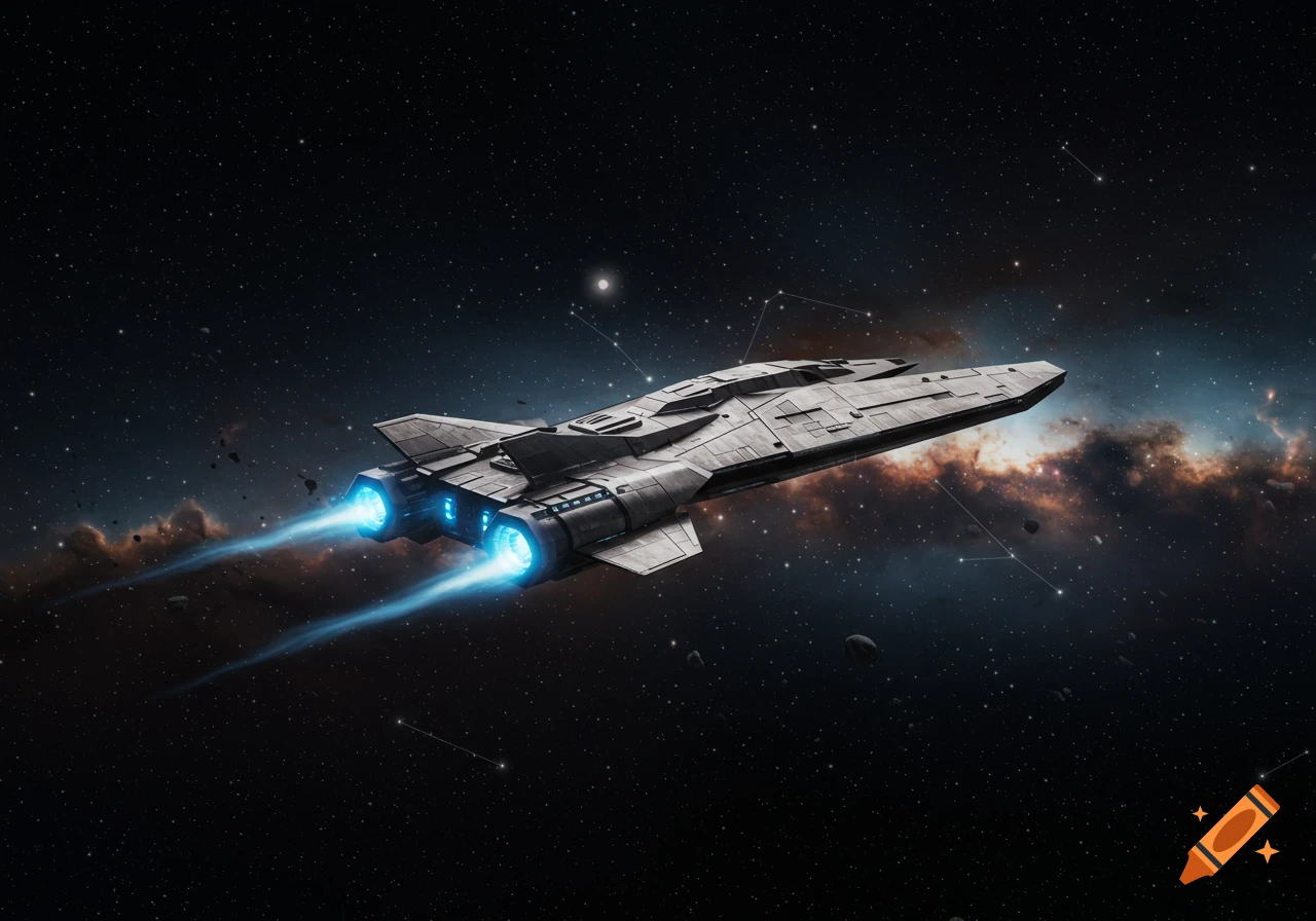 Photorealistic gray spaceship with blue glowing engines flies through a starry night sky with nebulae and asteroids.