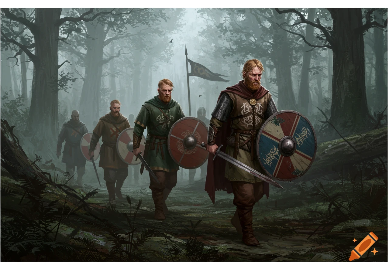 Bearded Anglo-Saxon warriors in medieval attire with swords and shields walk through a misty forest, in a detailed digital painting.