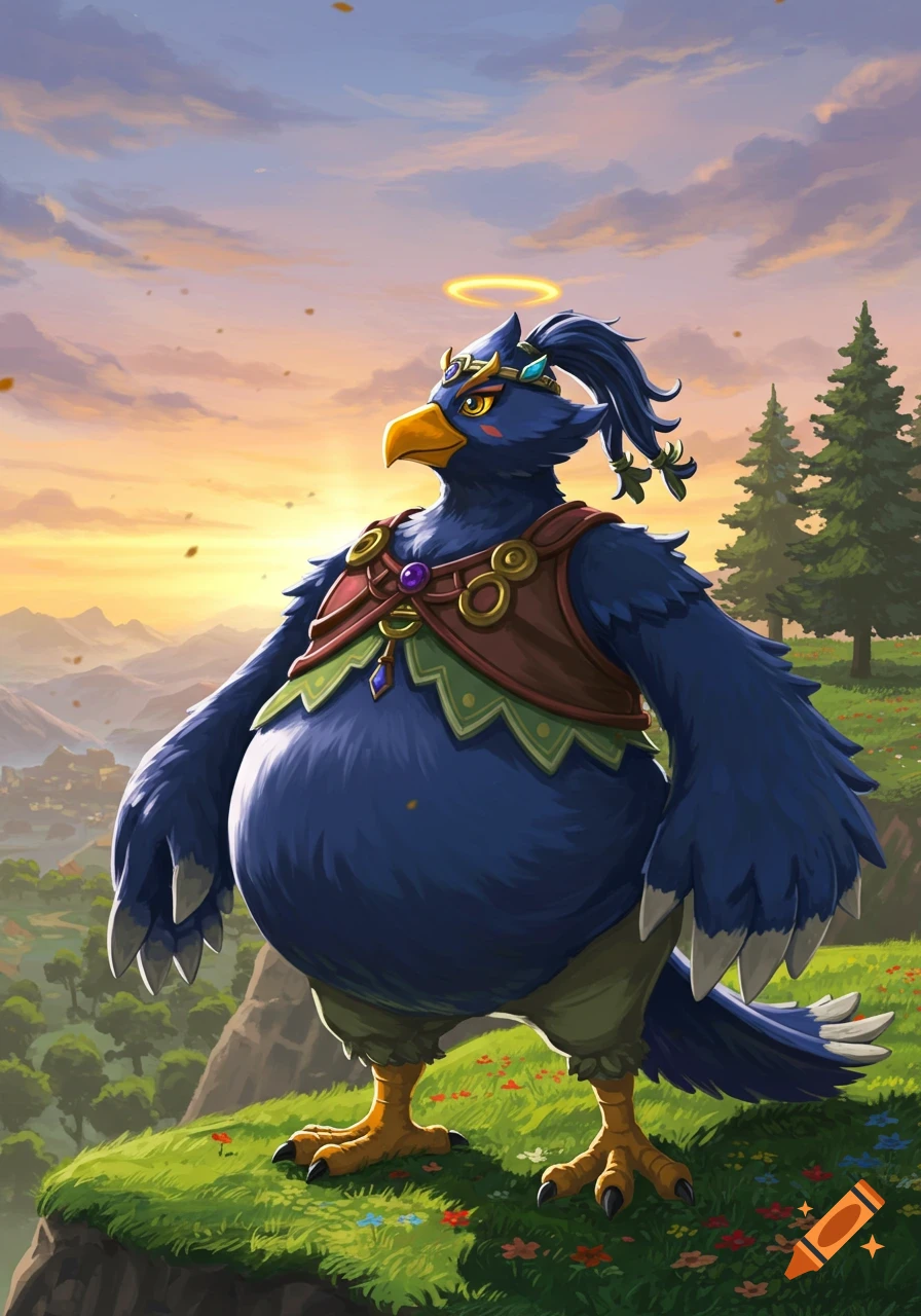 A fat blue bird character with an orange halo stands on a grassy cliff overlooking a valley at sunset, in a digital art style.