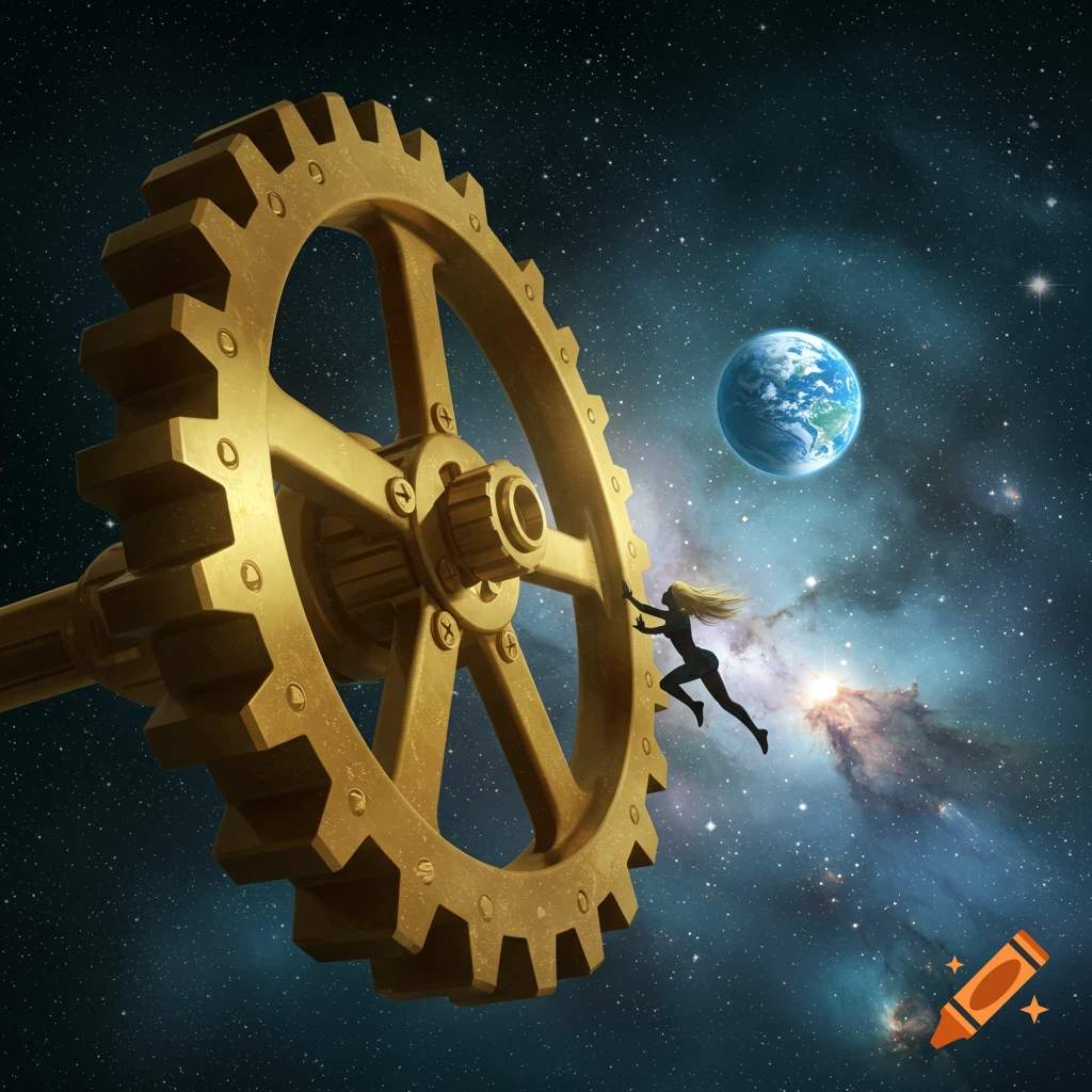 A large golden gear wheel in space with a blonde woman in silhouette clinging to it, Earth and nebulae in the background.