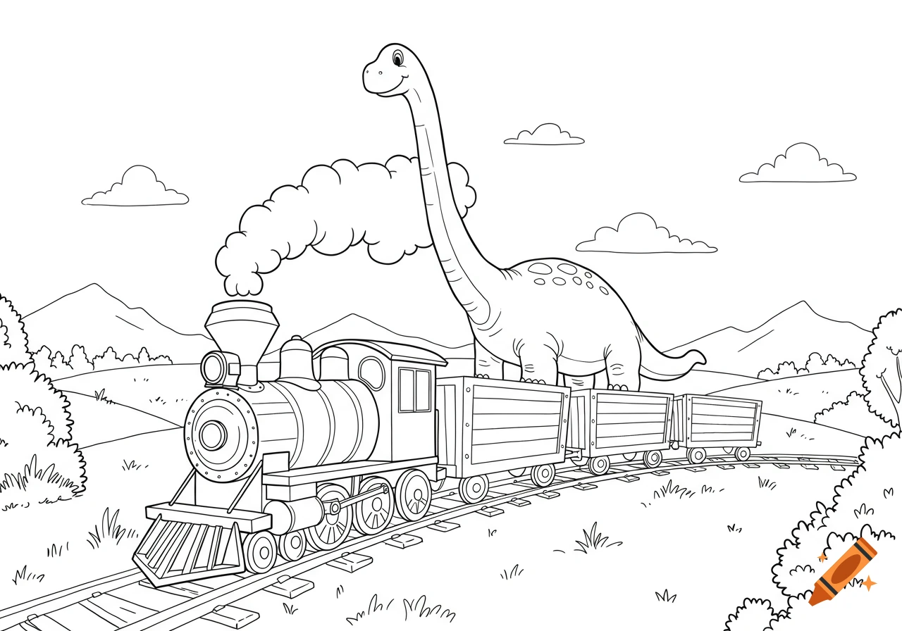 Black and white line art coloring book style drawing of a long-necked dinosaur riding on a train through hills.