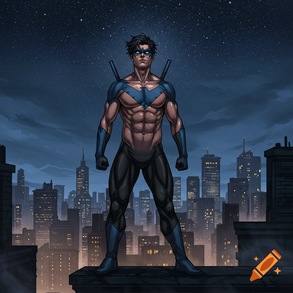 Muscular Nightwing stands on a city rooftop at night, illuminated by stars and city lights, in a comic book art style.