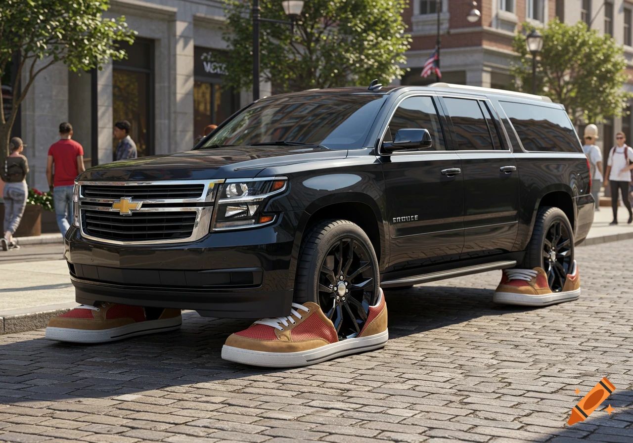 Photorealistic black Chevy Suburban SUV with tennis shoes instead of wheels, parked on a cobblestone city street.