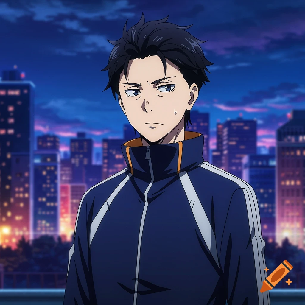 Anime-style young man in a blue and orange track suit looking serious, standing against a blurred city skyline at dusk.