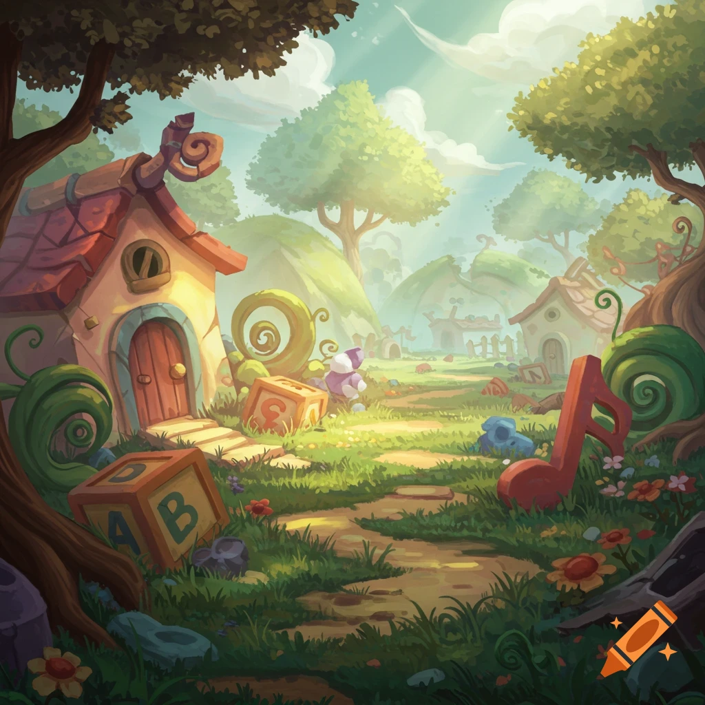 A whimsical, cartoonish landscape featuring small, colorful houses, a winding path, oversized building blocks with letters, and a large red musical note under a bright sky, rendered in an illustrative style.