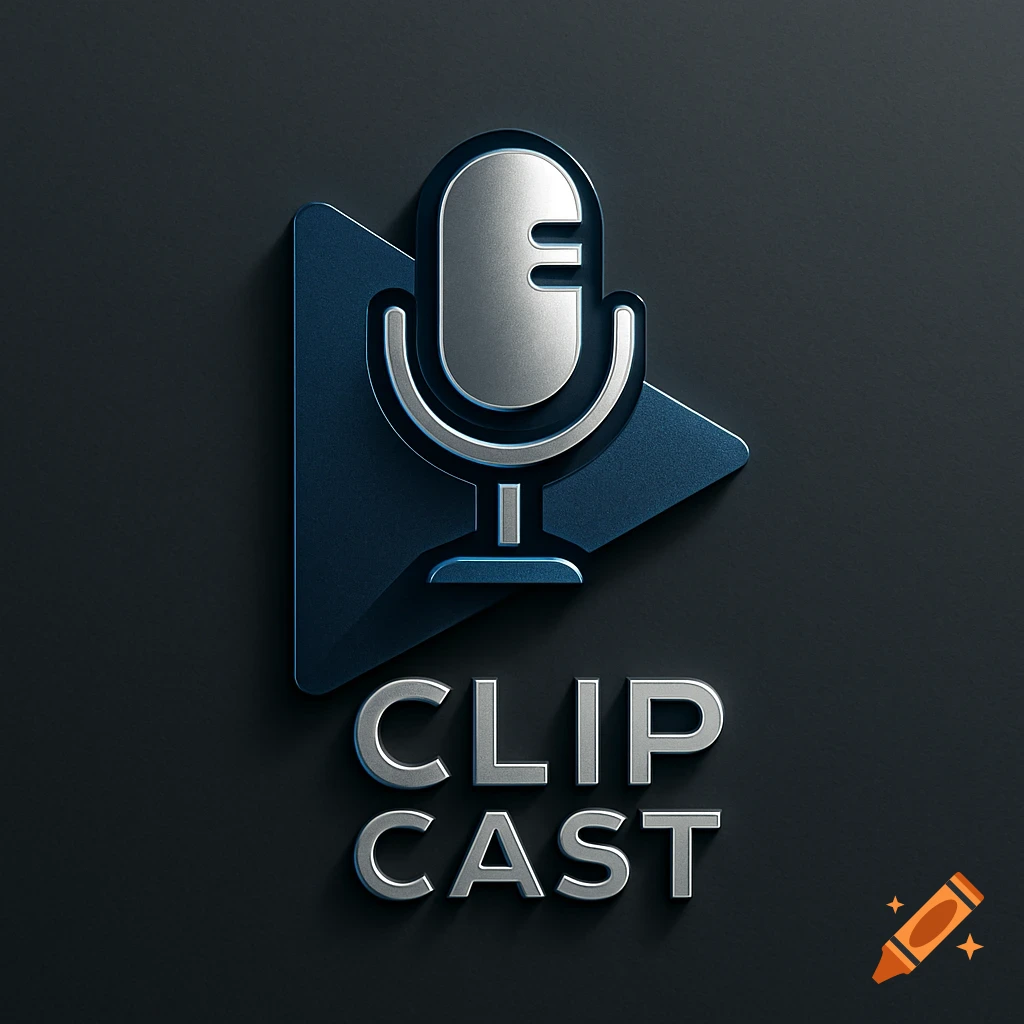 3D metallic silver and blue 'CLIP CAST' logo featuring a microphone within a play button on a dark background.
