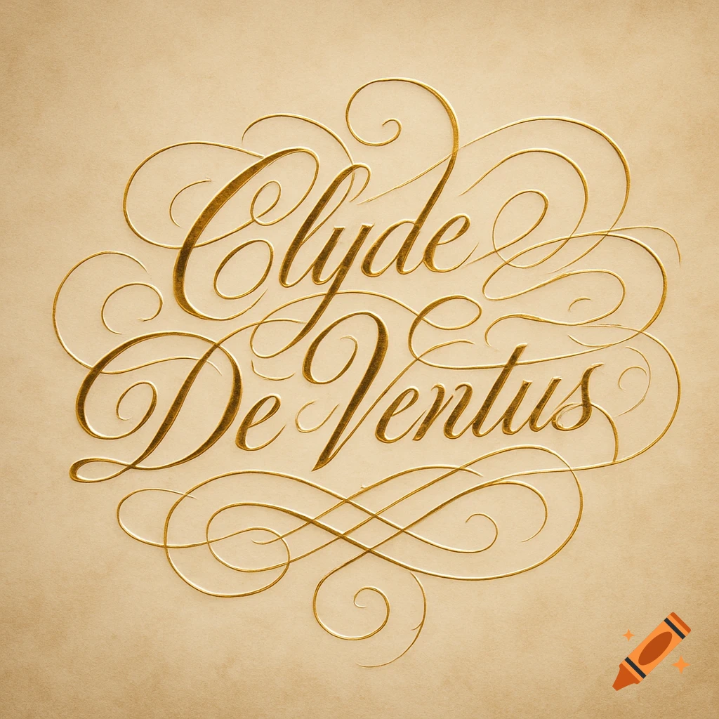 Golden embossed calligraphy reading 'Clyde De Ventus' on a light brown textured background.