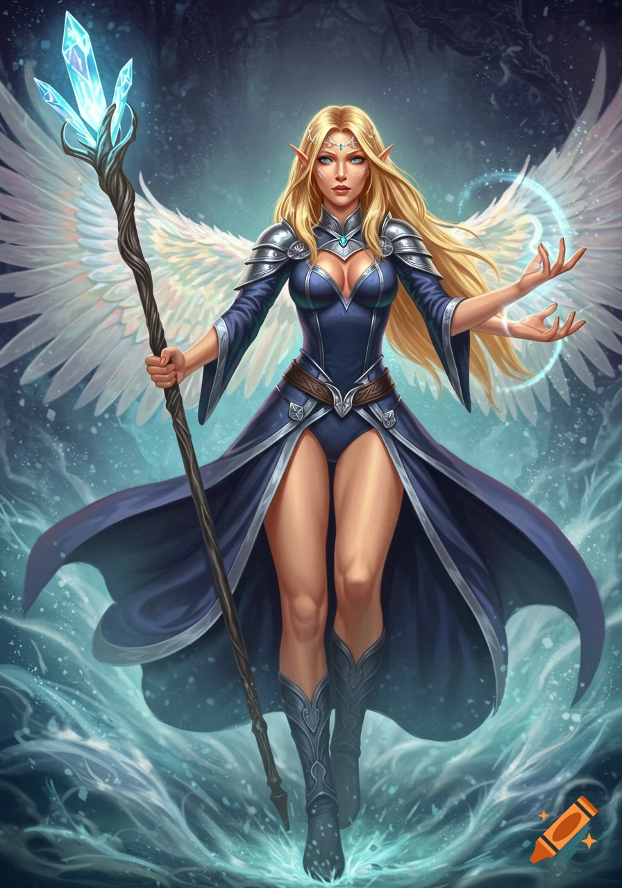 A blonde elf-like sorceress with large white wings and a blue dress stands in a mystical misty environment, holding a glowing crystal staff.