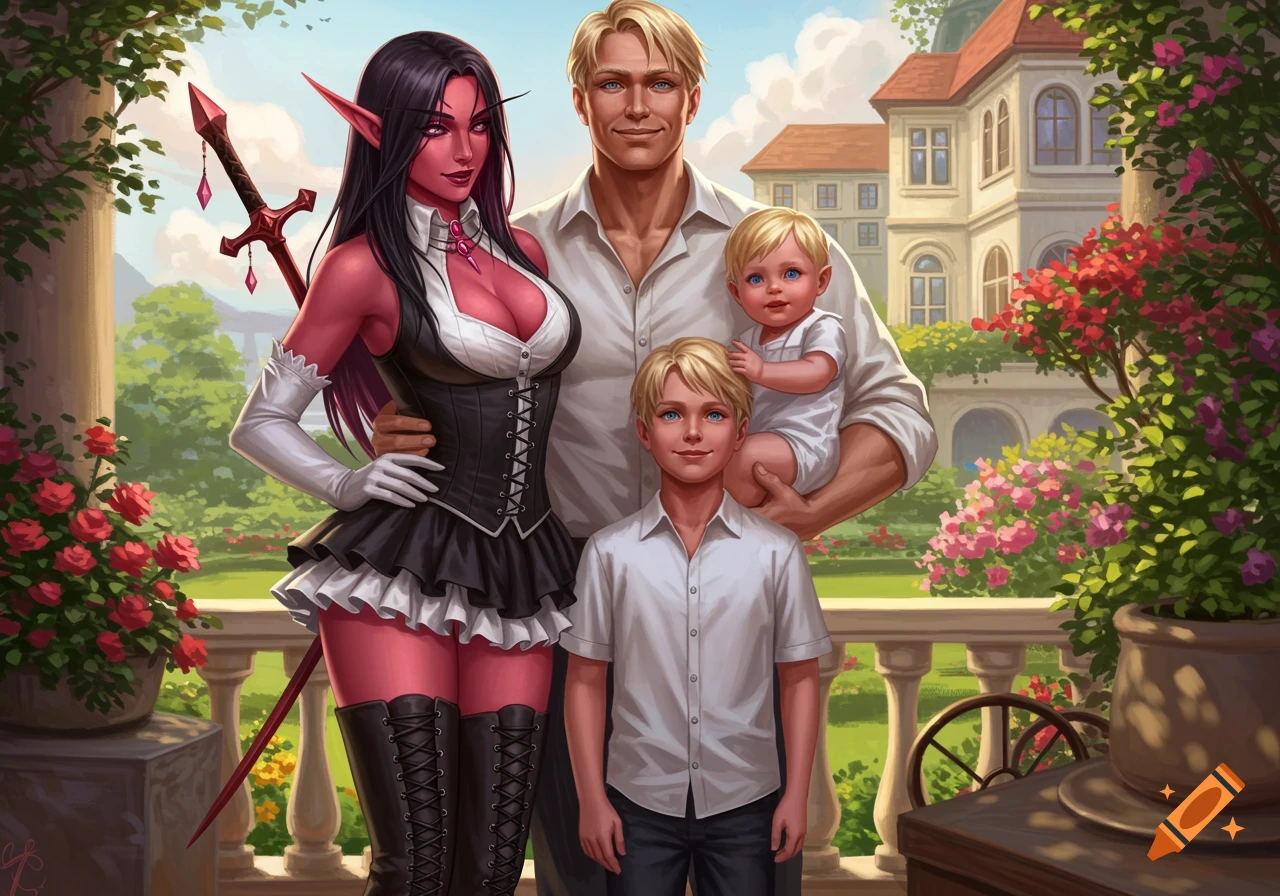 An illustration of a fantasy family: a red-skinned elf woman, a blond human man, a young blond boy, and a baby, standing on a patio with a grand estate and lush garden in the background.