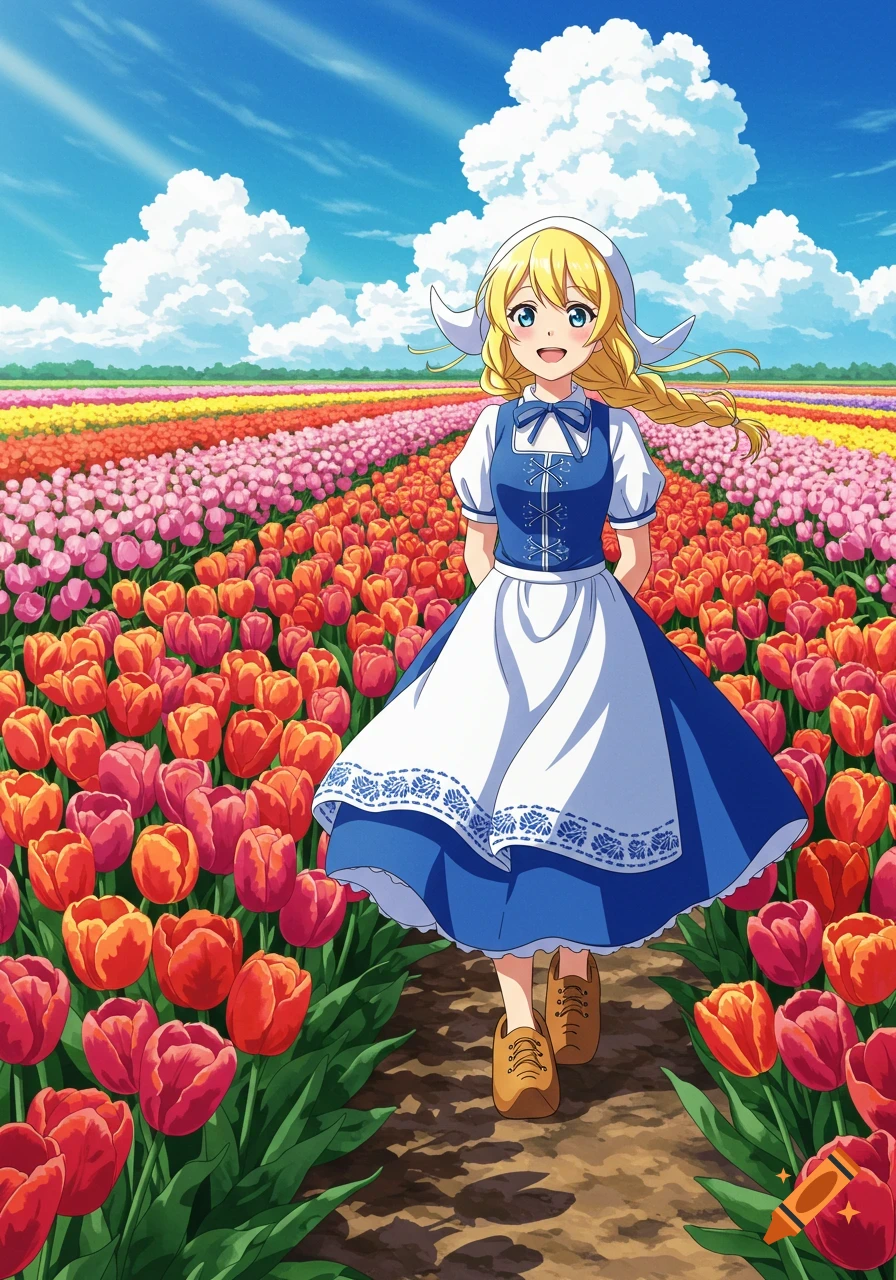 An anime girl in a blue and white Dutch dress and clogs walks through a vibrant field of colorful tulips under a sunny sky.