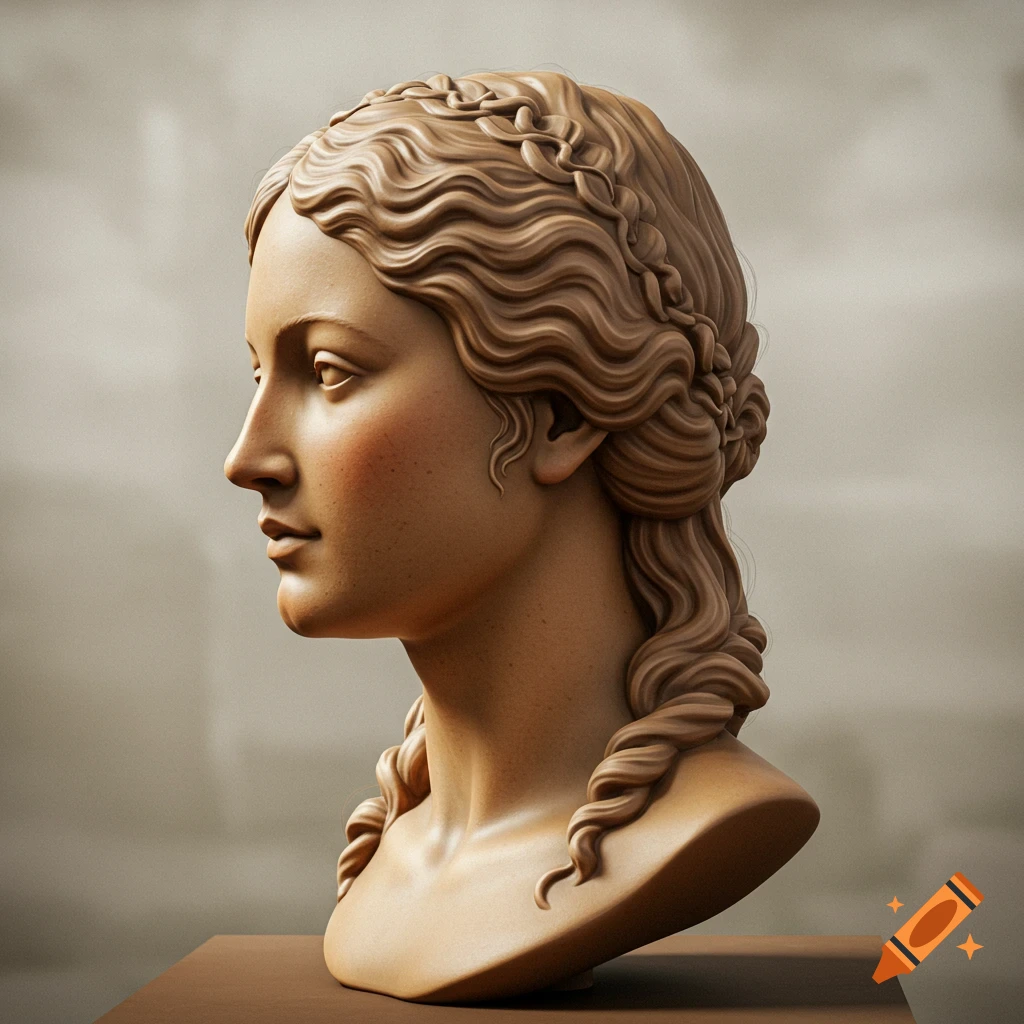 Profile view of a classical-style bust of a woman with braided and wavy hair, crafted from a light brown, smooth material.
