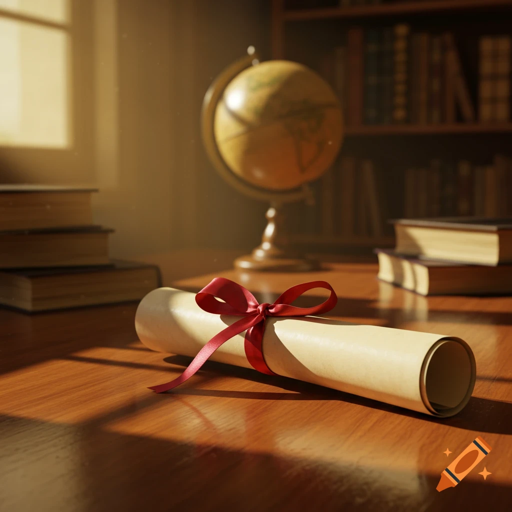 A rolled diploma tied with a red ribbon lies on a wooden desk, with stacks of books, a globe, and bookshelves in the softly lit background.