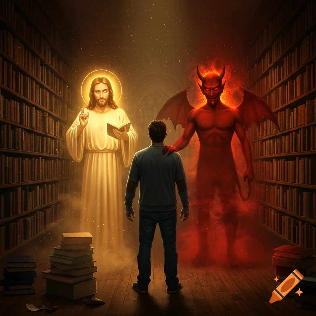 A man in a library stands between a glowing Jesus and a red devil, both reaching for him.