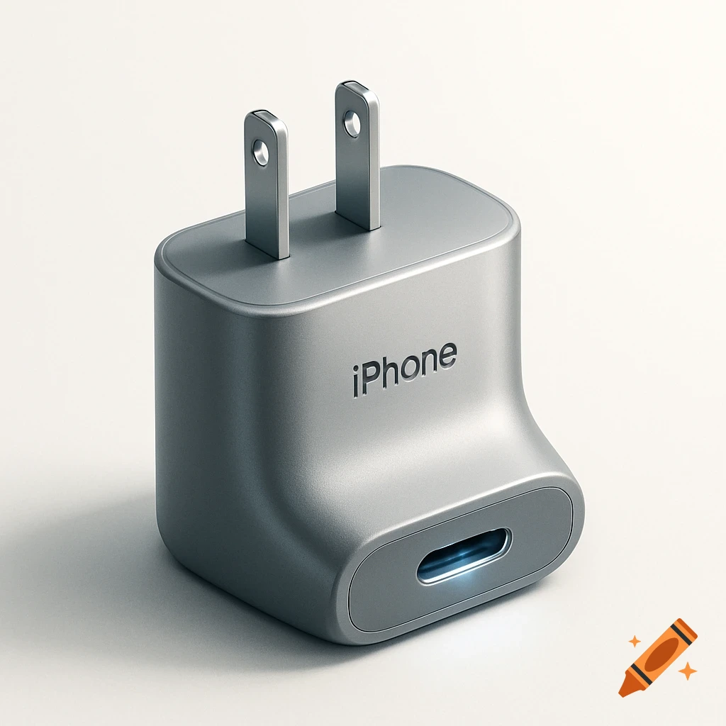 Photorealistic close-up of a silver USB-C iPhone charger adapter on a white background.