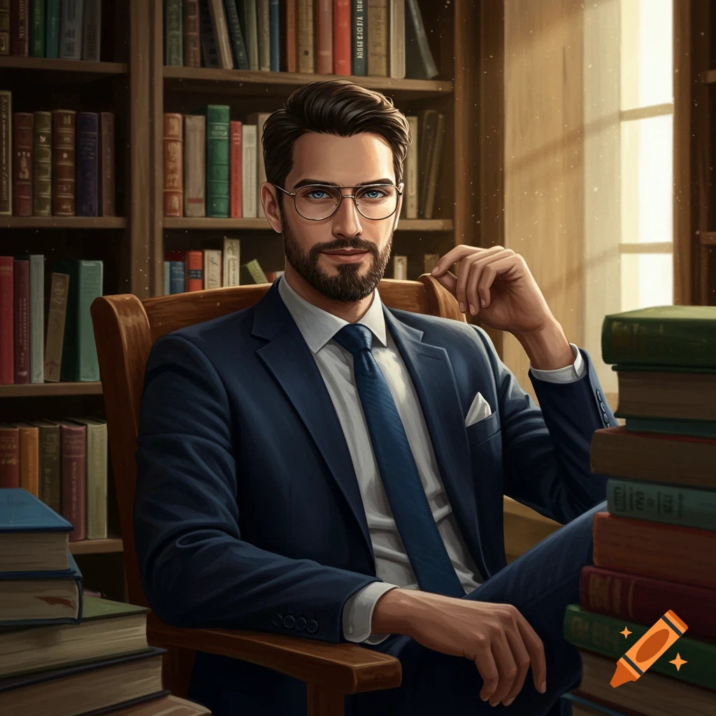 A handsome man in a blue suit with a beard and glasses sits in a library surrounded by bookshelves, looking at the viewer.
