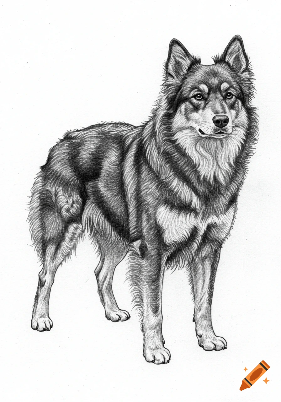 Black and white pencil sketch of a fluffy dog resembling a Texayan Shepherd, standing and looking forward.